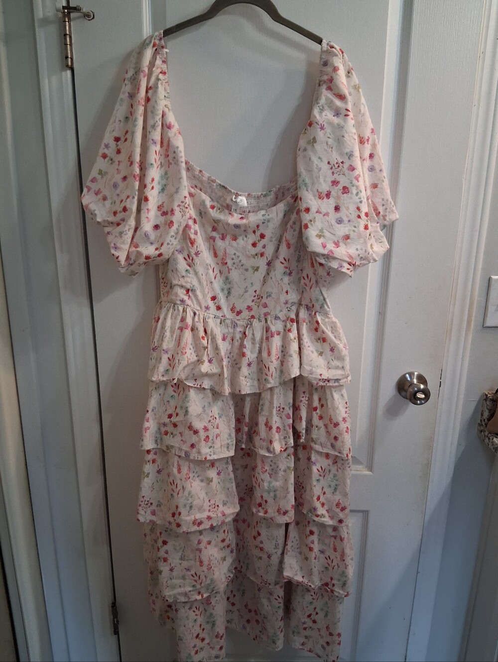 Lovelo Cream Floral Tiered Ruffle Dress with Pink & Red, Purple Accents
